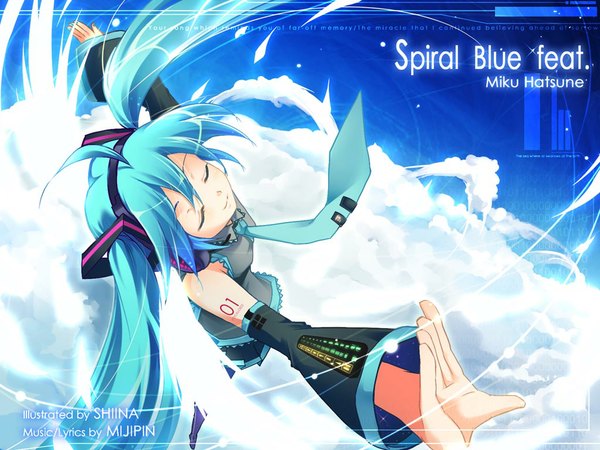 Anime picture 1024x768 with vocaloid hatsune miku child-box long hair twintails cloud (clouds) eyes closed aqua hair flying girl detached sleeves necktie