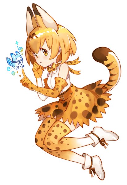 Anime picture 1062x1545 with kemono friends serval (kemono friends) lucky beast (kemono friends) siam (meow13) single tall image short hair simple background blonde hair white background animal ears yellow eyes full body tail animal tail :o zettai ryouiki girl thighhighs gloves