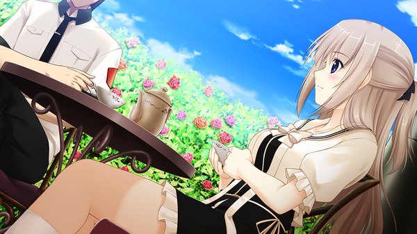 Anime picture 1024x576 with jesus 13th long hair blush blue eyes blonde hair wide image sitting game cg girl boy uniform flower (flowers) school uniform