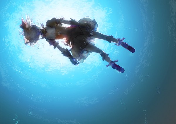Anime picture 1754x1240 with mahou shoujo madoka magica shaft (studio) kaname madoka hitaki azami single highres short hair twintails lying from behind short twintails blue background underwater girl dress