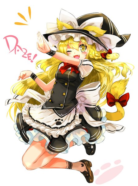 Anime picture 745x1000 with touhou kirisame marisa kanipanda single long hair tall image looking at viewer blush open mouth blonde hair simple background white background animal ears yellow eyes tail animal tail one eye closed wink inscription jumping