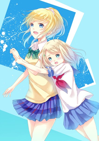 Anime picture 759x1075 with love live! school idol project sunrise (studio) love live! ayase eli sakura hiyori long hair tall image blush open mouth blue eyes blonde hair multiple girls white hair girl skirt uniform 2 girls school uniform bowtie