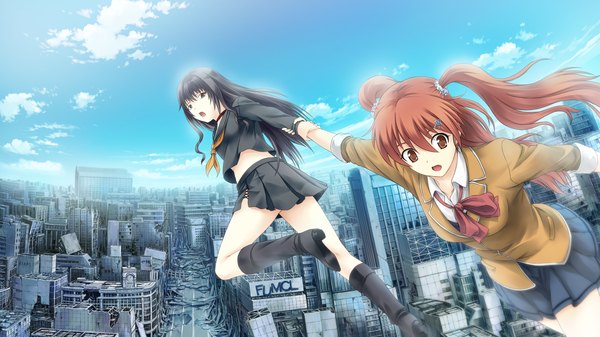 Anime picture 2048x1152 with tokyo babel long hair highres open mouth black hair red eyes wide image twintails multiple girls game cg red hair black eyes city flying ruins girl skirt uniform 2 girls school uniform