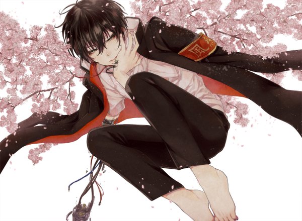 Anime picture 1361x1000 with katekyou hitman reborn hibari kyouya rinpachi (akua) single short hair black hair white background barefoot cherry blossoms clothes on shoulders mechanical parts boy uniform flower (flowers) school uniform shirt pants toes branch wire (wires)