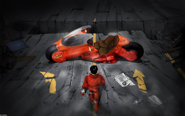 Anime picture 1920x1200 with akira kaneda shoutarou anbuu single highres short hair black hair wide image from behind boy motorcycle directional arrow newspaper