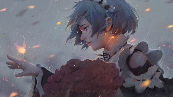 Anime picture 1587x894 with re:zero kara hajimeru isekai seikatsu white fox rem (re:zero) guweiz single fringe short hair blue eyes wide image signed blue hair looking away profile wind lips realistic inscription wide sleeves maid tears