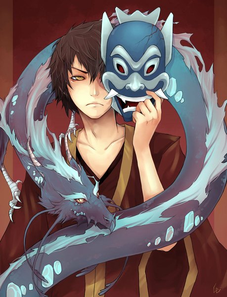 Anime picture 782x1022 with avatar: the last airbender nickelodeon zuko unodu single tall image fringe short hair brown hair signed yellow eyes looking away traditional clothes hair over one eye scar fantasy boy mask dragon demon mask