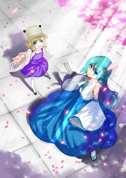 Anime picture 1518x2150 with touhou kochiya sanae moriya suwako orangec (artist) long hair tall image blush open mouth blue eyes blonde hair smile twintails bare shoulders multiple girls aqua eyes from above aqua hair shadow cherry blossoms low twintails