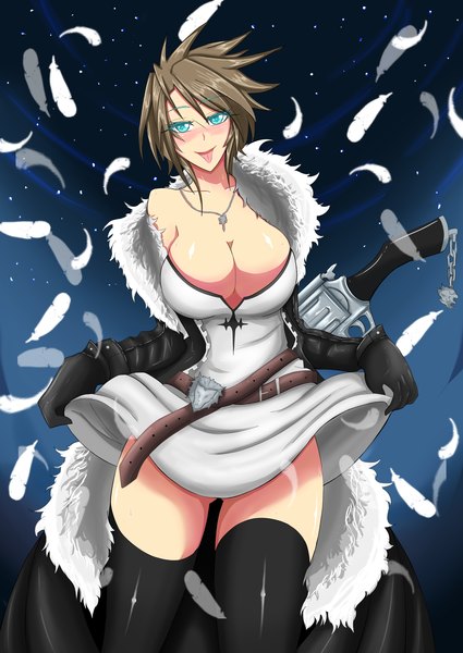 Anime picture 2149x3035 with final fantasy square enix squall leonhart torahime (roland00) single tall image blush highres short hair breasts blue eyes light erotic black hair large breasts skirt lift genderswap girl thighhighs skirt gloves