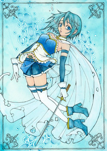 Anime picture 676x953 with mahou shoujo madoka magica shaft (studio) miki sayaka sayococco single tall image short hair blue eyes blue hair looking away pleated skirt tears blue background framed magical girl traditional media girl thighhighs skirt gloves