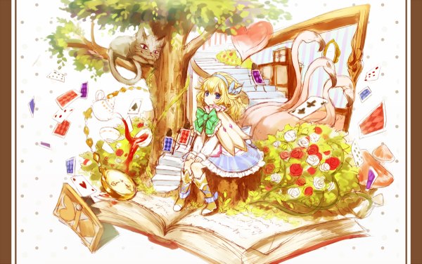 Anime picture 1200x753 with alice in wonderland original alice (wonderland) cheshire cat ria long hair blush blue eyes blonde hair sitting girl dress ribbon (ribbons) plant (plants) hair ribbon animal tree (trees) heart bird (birds) book (books)