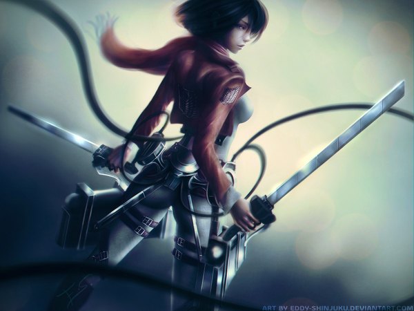 Anime picture 1920x1440 with shingeki no kyojin production i.g mikasa ackerman eddy-shinjuku single looking at viewer blush highres short hair black hair holding signed profile looking back lips realistic open clothes open jacket back watermark