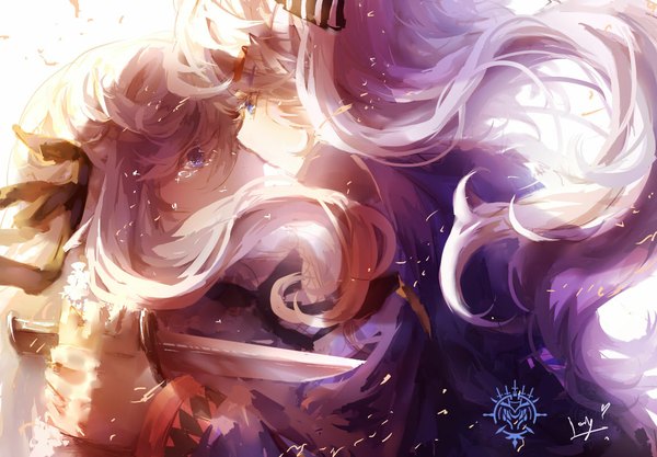 Anime picture 1150x800 with original pixiv fantasia pixiv fantasia fallen kings lay (artist) long hair fringe blue eyes blonde hair multiple girls holding signed inscription tears face to face crying eye contact girl ribbon (ribbons) 2 girls hair ribbon