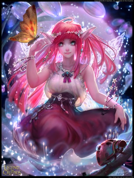 Anime picture 1000x1327 with legend of the cryptids yu-han single long hair tall image looking at viewer signed pink hair aqua eyes pointy ears inscription fantasy insect wings fairy butterfly on hand girl dress earrings wings insect
