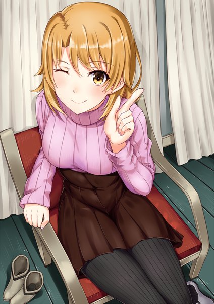 Anime picture 1000x1414 with yahari ore no seishun love comedy wa machigatteiru. brains base (studio) isshiki iroha firebate single long hair tall image smile brown hair sitting brown eyes one eye closed wink girl skirt turtleneck