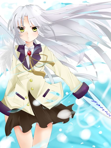 Anime picture 1500x2000 with angel beats! key (studio) tachibana kanade single long hair tall image yellow eyes white hair girl skirt uniform weapon school uniform miniskirt
