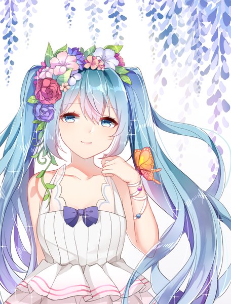 Anime picture 2280x3000 with vocaloid hatsune miku chuor (chuochuoi) single long hair tall image looking at viewer fringe highres simple background smile hair between eyes white background twintails payot upper body hair flower aqua eyes aqua hair sparkle