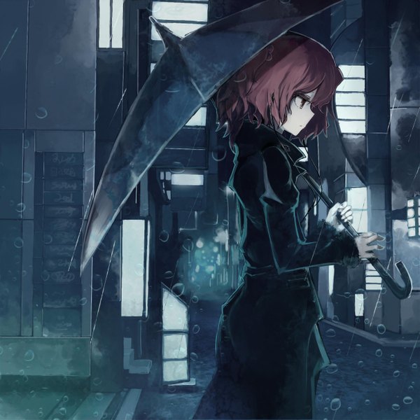 Anime picture 1215x1215 with touhou onozuka komachi yoshioka yoshiko single fringe short hair red eyes standing holding outdoors red hair long sleeves profile fur trim mouth hold city looking down short twintails rain expressionless