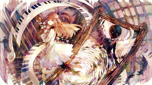 Anime picture 1300x731 with deemo girl (deemo) deemo (character) bai qi-qsr long hair looking at viewer brown hair wide image holding brown eyes hair flower girl dress boy hair ornament flower (flowers) white dress rose (roses) white rose keys