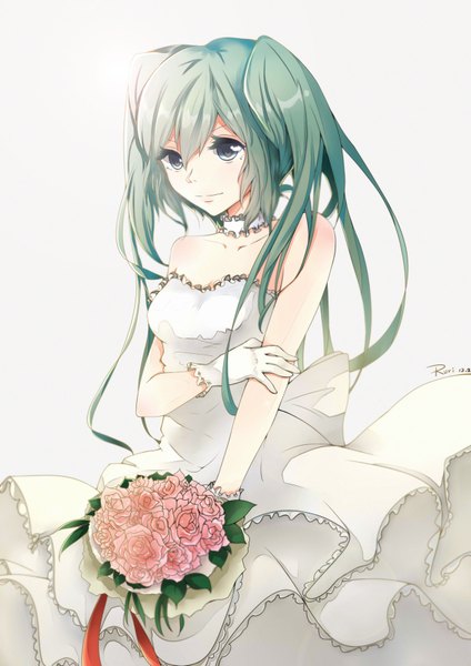 Anime picture 2480x3507 with vocaloid hatsune miku ruri (843797935) single long hair tall image highres simple background twintails bare shoulders signed looking away cleavage aqua eyes aqua hair holding arm girl dress gloves flower (flowers)
