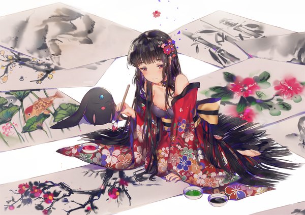 Anime picture 1000x707 with xxxholic clamp ichihara yuuko mokona dangmill single long hair blush fringe breasts black hair smile white background sitting bare shoulders holding cleavage blunt bangs traditional clothes japanese clothes