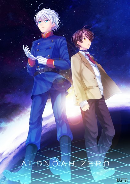 Anime picture 1131x1600 with aldnoah.zero a-1 pictures slaine troyard kaizuka inaho banri tall image short hair blue eyes brown hair brown eyes white hair multiple boys adjusting gloves boy gloves uniform school uniform necktie boots belt