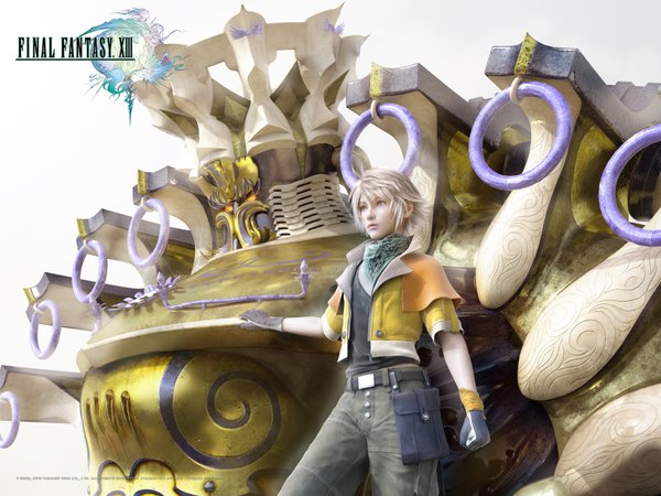 Anime picture 1600x1200 with final fantasy xiii single short hair blonde hair simple background white background realistic copyright name mechanical boy gloves robot fanny pack