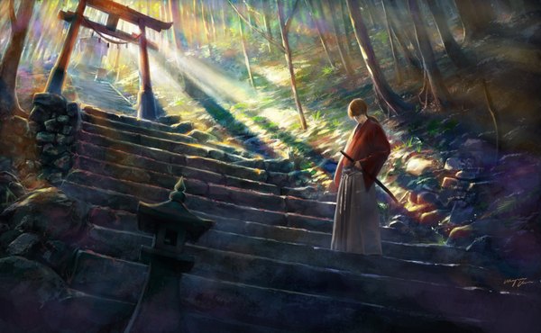 Anime picture 1980x1221 with rurouni kenshin himura kenshin wayne chan single long hair fringe highres wide image standing holding signed traditional clothes head tilt japanese clothes lips sunlight orange hair wide sleeves sunbeam boy