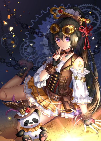 Anime picture 641x891 with original moyu single long hair tall image looking at viewer fringe black hair hair between eyes purple eyes bare shoulders ponytail from above finger to mouth goggles on head steam punk girl dress gloves hair ornament