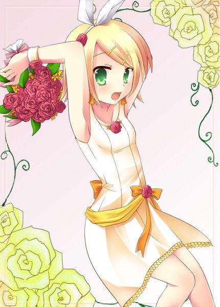 Anime picture 2124x2964 with vocaloid kagamine rin mashiro yuki (artist) single tall image highres short hair open mouth blonde hair green eyes girl dress hair ornament flower (flowers) bow hair bow rose (roses) bobby pin bouquet red rose