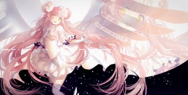 Anime picture 1200x608 with mahou shoujo madoka magica shaft (studio) kaname madoka goddess madoka wanaka single looking at viewer open mouth wide image twintails yellow eyes pink hair very long hair zoom layer space magical girl starry sky print girl thighhighs dress