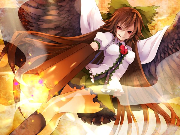 Anime picture 1000x750 with touhou reiuji utsuho settyaro single long hair smile red eyes brown hair arm cannon girl skirt bow weapon hair bow miniskirt shirt wings socks black socks fire