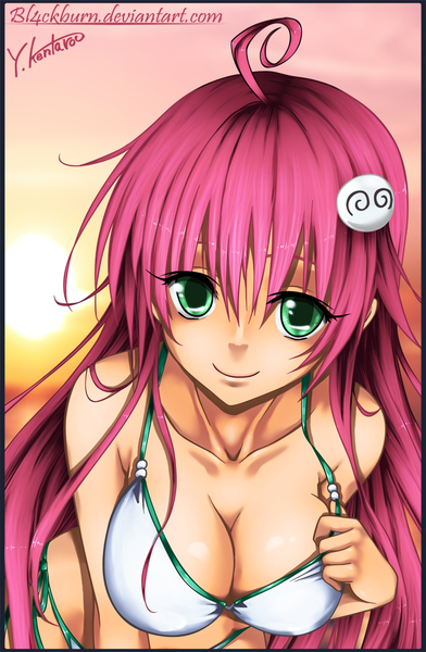 Anime picture 653x1000 with toloveru toloveru darkness xebec lala satalin deviluke bl4ckburn single long hair tall image light erotic smile green eyes pink hair sky cloud (clouds) ahoge coloring framed girl hair ornament hairclip