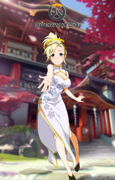 Anime picture 1229x1920 with overwatch blizzard entertainment mercy (overwatch) shugo19 single tall image looking at viewer short hair breasts blue eyes blonde hair smile large breasts standing signed full body ponytail traditional clothes blurry alternate costume