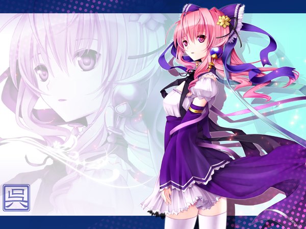 Anime picture 1600x1200 with yuuki kira long hair pink hair pink eyes zoom layer girl thighhighs white thighhighs