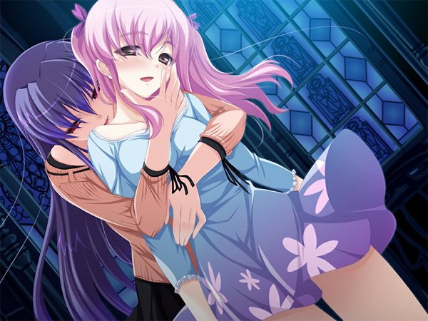 Anime picture 1024x768 with sacred vampire (game) long hair blush breasts open mouth light erotic red eyes large breasts twintails multiple girls brown eyes pink hair game cg purple hair teeth fang (fangs) vampire girl dress ribbon (ribbons)