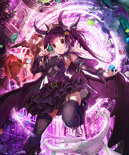 Anime picture 1200x1440 with original spirtie single long hair tall image looking at viewer fringe breasts light erotic red eyes large breasts twintails payot purple hair bent knee (knees) blunt bangs arm up horn (horns) fingernails light smile