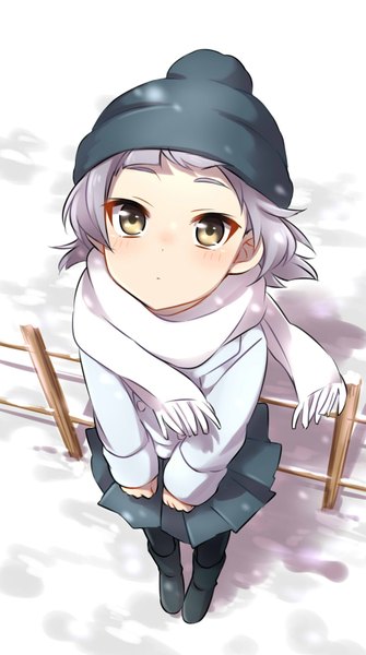 Anime picture 1117x2000 with kantai collection arare destroyer sekina single tall image looking at viewer blush fringe short hair brown eyes pleated skirt from above wind grey hair snowing winter snow eyebrows street girl