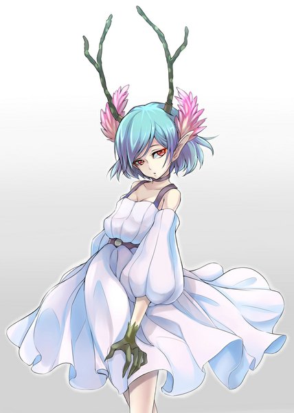 Anime picture 700x981 with c: the money of soul and possibility control q (control) mirai denki single tall image short hair simple background red eyes bare shoulders blue hair looking away horn (horns) pointy ears gradient background girl dress detached sleeves white dress