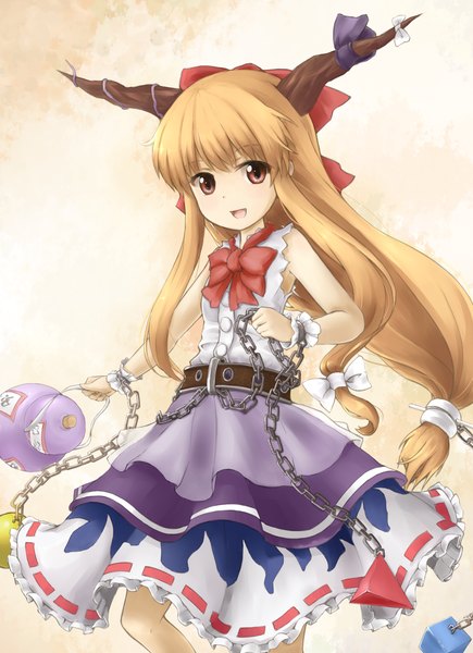 Anime picture 1553x2138 with touhou ibuki suika af-henrytz single long hair tall image red eyes brown hair horn (horns) girl dress bow hair bow chain