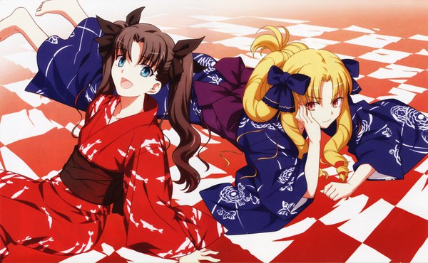Anime picture 6586x4070 with fate (series) fate/stay night fate/hollow ataraxia studio deen type-moon toosaka rin luvia zeritta edelfelt takeuchi takashi long hair highres open mouth blue eyes black hair blonde hair red eyes wide image sitting twintails multiple girls absurdres