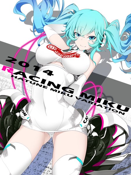 Anime picture 1200x1600 with vocaloid goodsmile racing hatsune miku racing miku racing miku (2014) torisan single long hair tall image looking at viewer breasts light erotic smile large breasts standing twintails aqua eyes aqua hair inscription character names