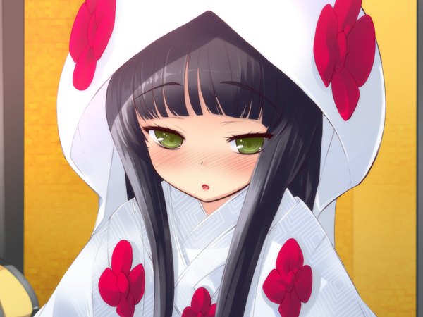 Anime picture 1600x1200 with alice parade yaname (alice parade) itou noiji single long hair blush fringe black hair green eyes game cg blunt bangs traditional clothes parted lips japanese clothes lips girl kimono uchikake