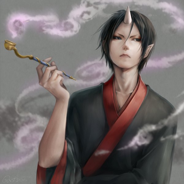 Anime picture 1000x1000 with hoozuki no reitetsu wit studio hoozuki (hoozuki no reitetsu) ao+beni single short hair black hair holding looking away traditional clothes japanese clothes horn (horns) lips pointy ears wide sleeves smoke demon boy yukata