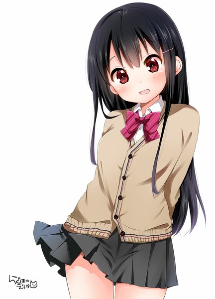 Anime picture 800x1111 with original ragho no erika single long hair tall image blush black hair simple background white background brown eyes parted lips pleated skirt embarrassed hands behind back girl skirt uniform school uniform hairclip bowtie