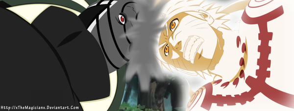 Anime picture 3440x1312 with naruto studio pierrot naruto (series) uzumaki naruto uchiha obito tobi xthemagicianx highres blonde hair red eyes wide image orange eyes grin coloring magic facial mark whisker markings angry jinchuriki battle