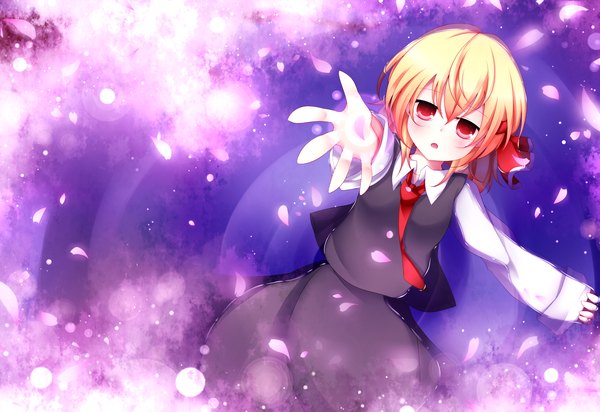 Anime picture 1600x1100 with touhou rumia kuroyume (dark495) single blush short hair blonde hair red eyes girl dress skirt petals skirt set