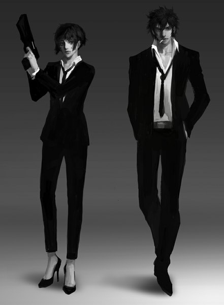 Anime picture 795x1080 with psycho-pass production i.g kougami shin'ya tsunemori akane diaodiao tall image looking at viewer fringe short hair black hair standing holding bent knee (knees) high heels mouth hold monochrome open collar hands in pockets girl boy