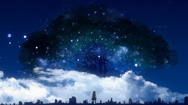 Anime picture 2560x1440 with original y y (ysk ygc) highres wide image standing cloud (clouds) night night sky city scenic silhouette girl plant (plants) tree (trees)