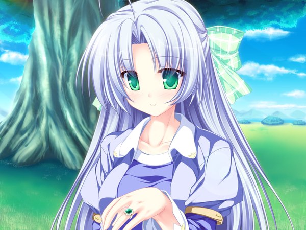 Anime picture 1600x1200 with magus tale whirlpool (studio) alicia infans tenmaso long hair blush game cg sky purple hair cloud (clouds) ahoge light smile girl bow plant (plants) hair bow tree (trees) ring